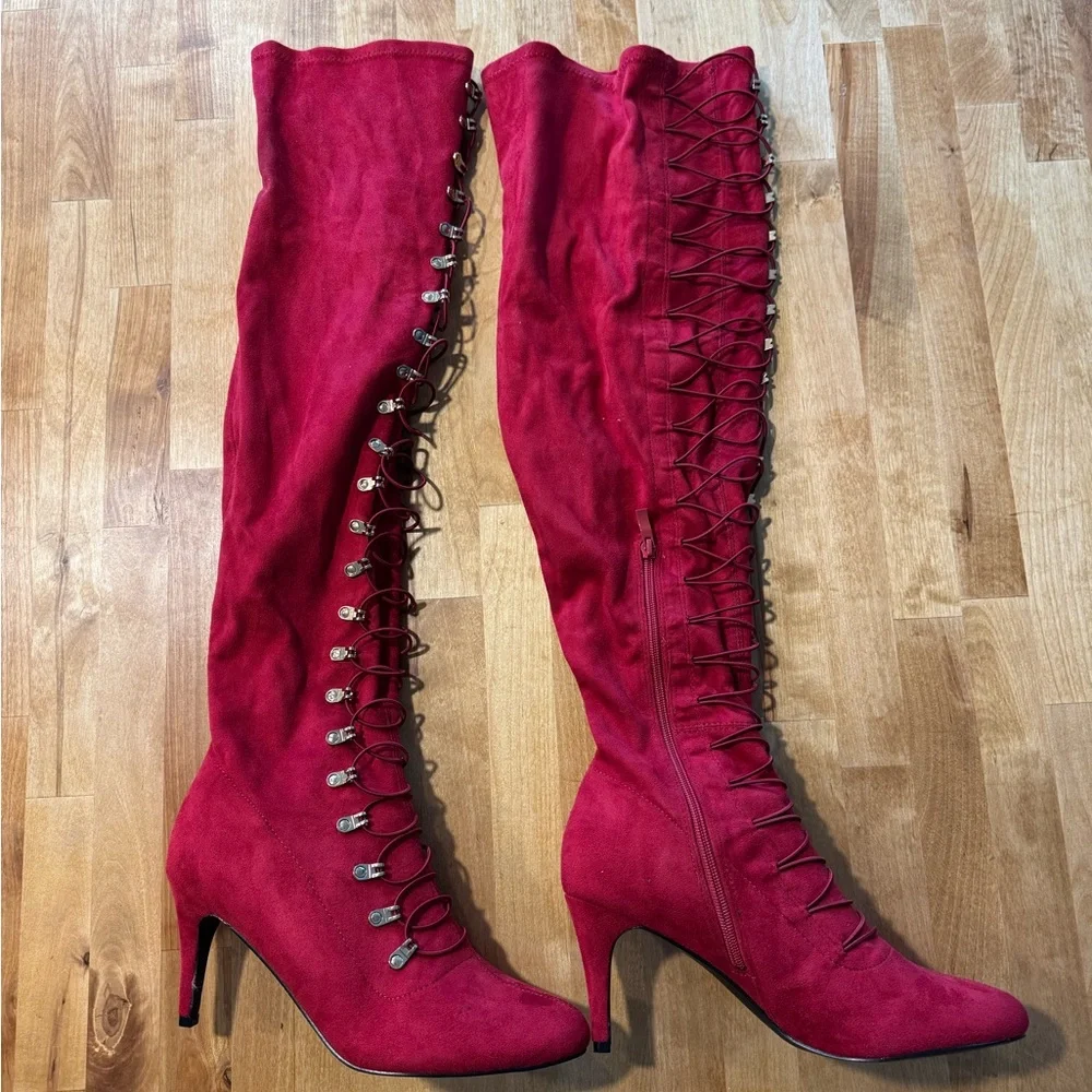 Wide Calf Trill  Boot by Journee Collection Red Over-the-Knee Lace-Up Boots